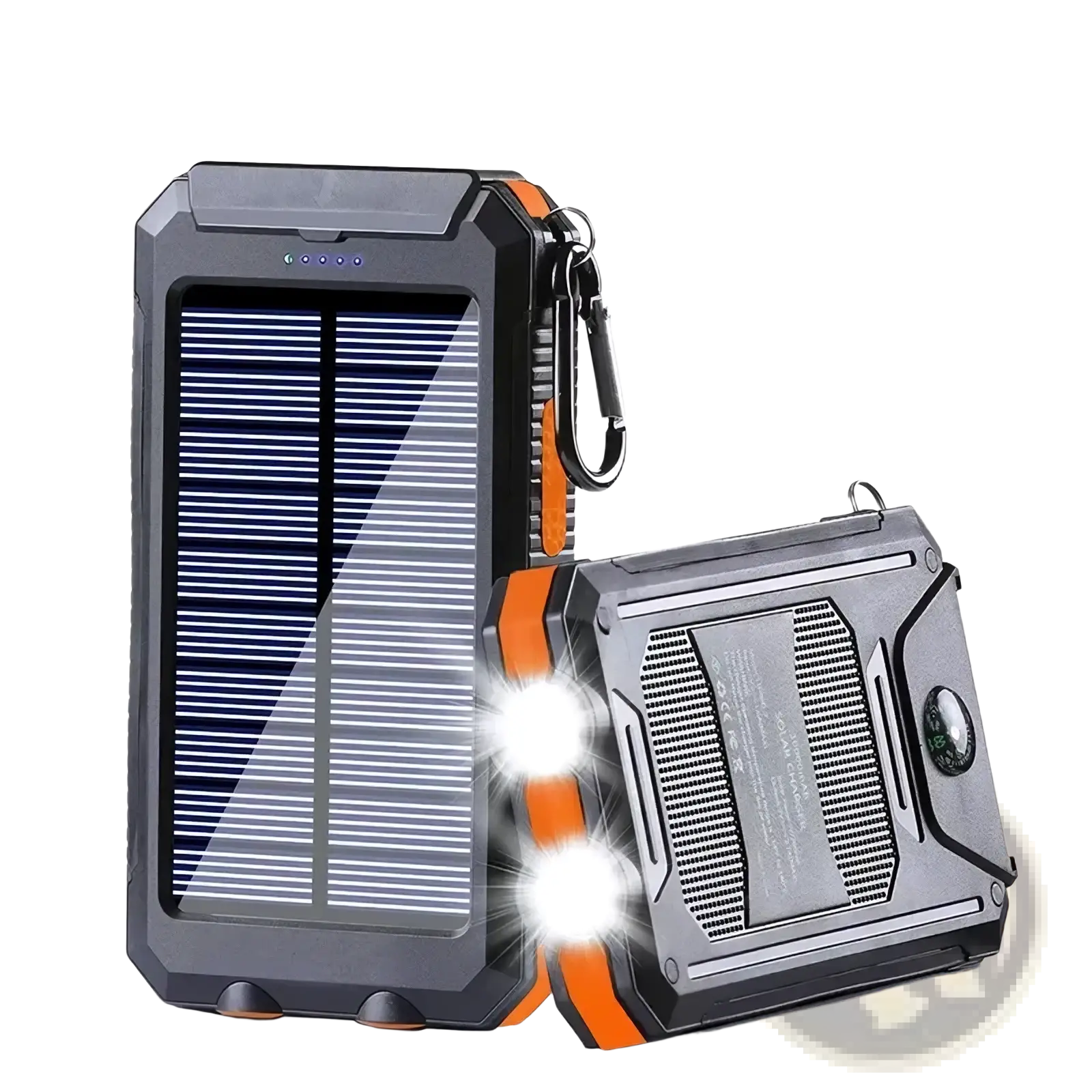 Black and orange rugged solar power bank 80000mah portable charger with built-in led lights for outdoor use