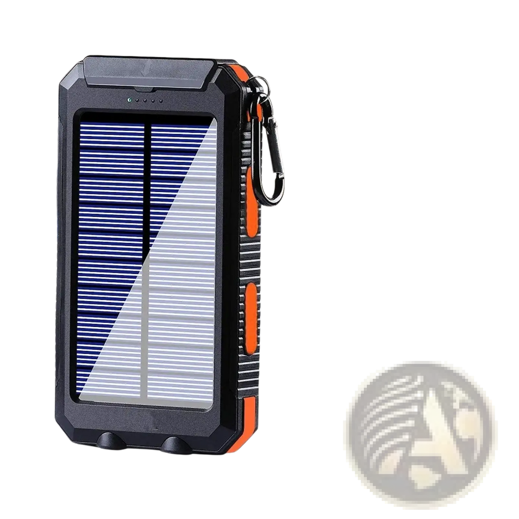 Black and orange rugged solar power bank 80000mAh portable charger with built-in carabiner clip for outdoor use