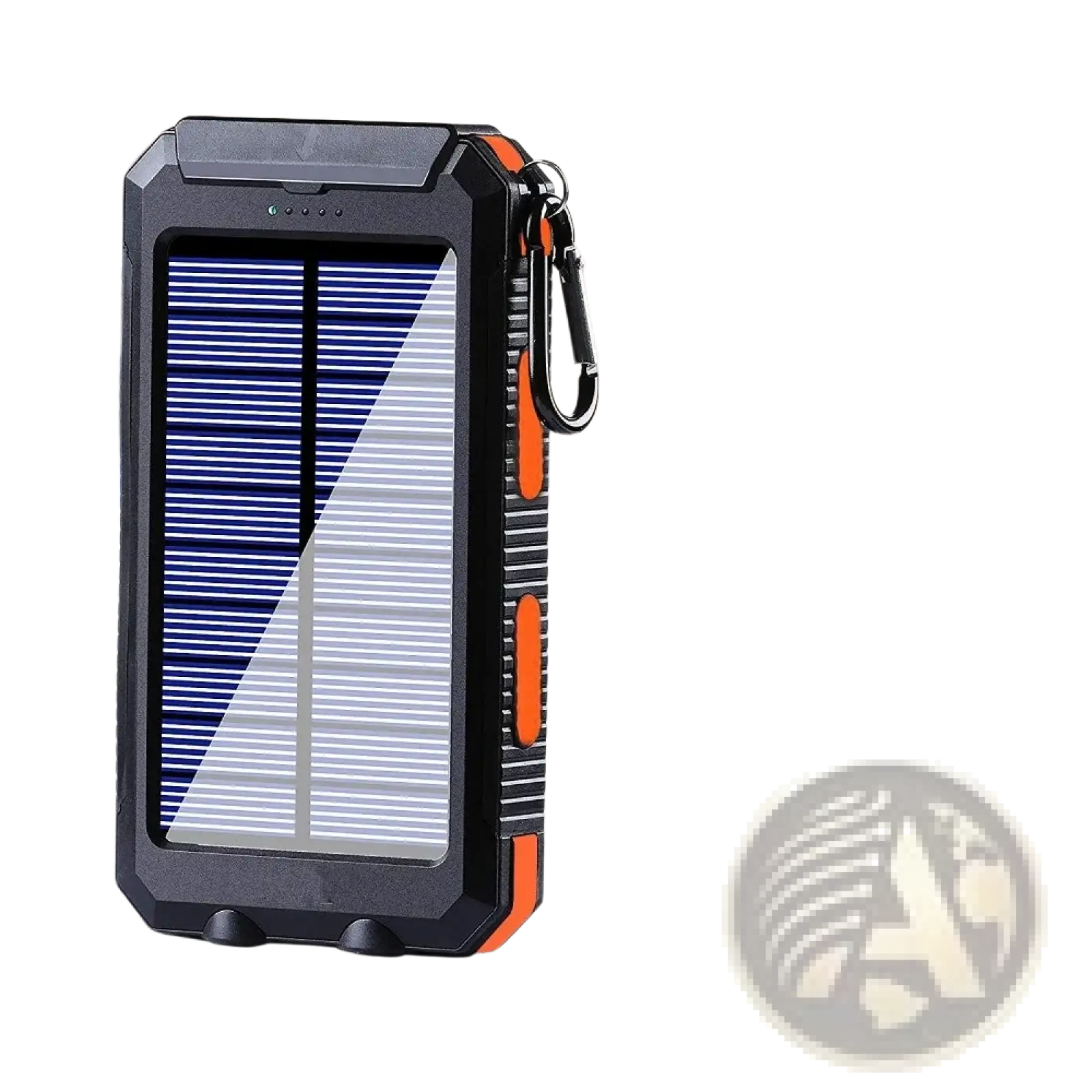 Black and orange rugged solar power bank 80000mAh portable charger with built-in carabiner clip for outdoor use