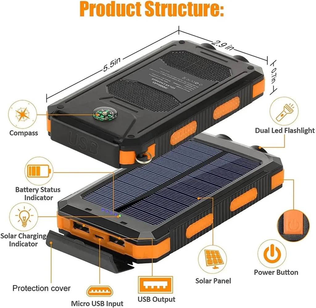 Black and orange rugged 80000mAh solar power bank with dual LED flashlight, compass, and USB ports for portable charging
