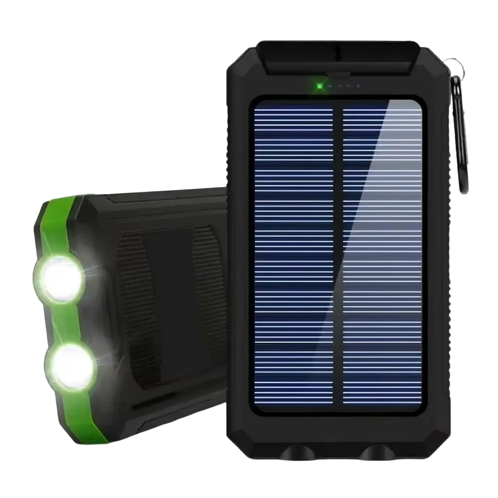 Black rugged solar power bank 80000mah portable charger with green led lights and built-in flashlight