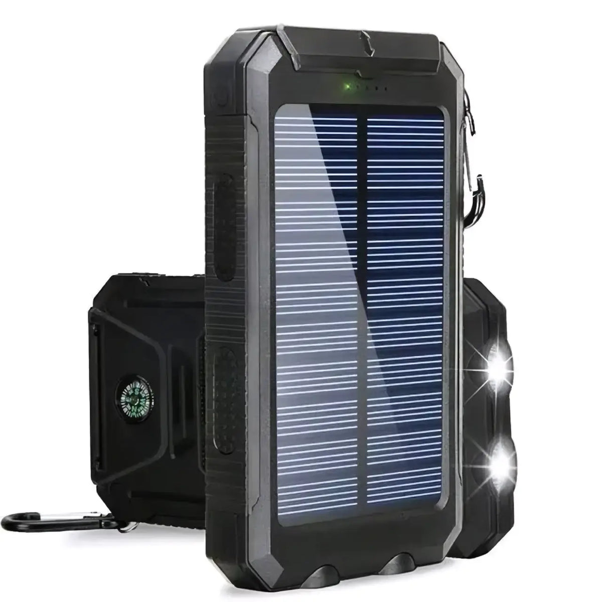 Black rugged solar power bank 80000mah with built-in flashlight and compass for portable charging outdoors