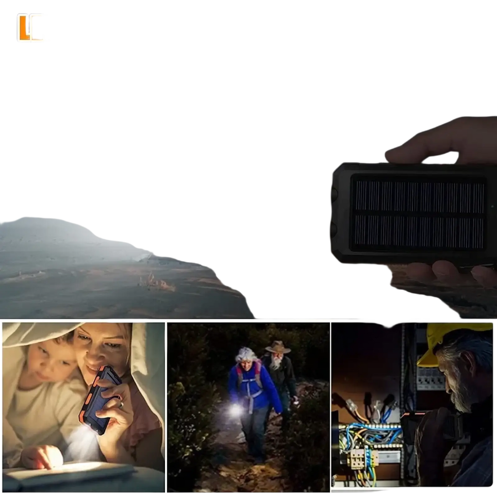 Black solar-powered led flashlight with sos and strobe functions on rugged portable solar power bank 80000mah charger