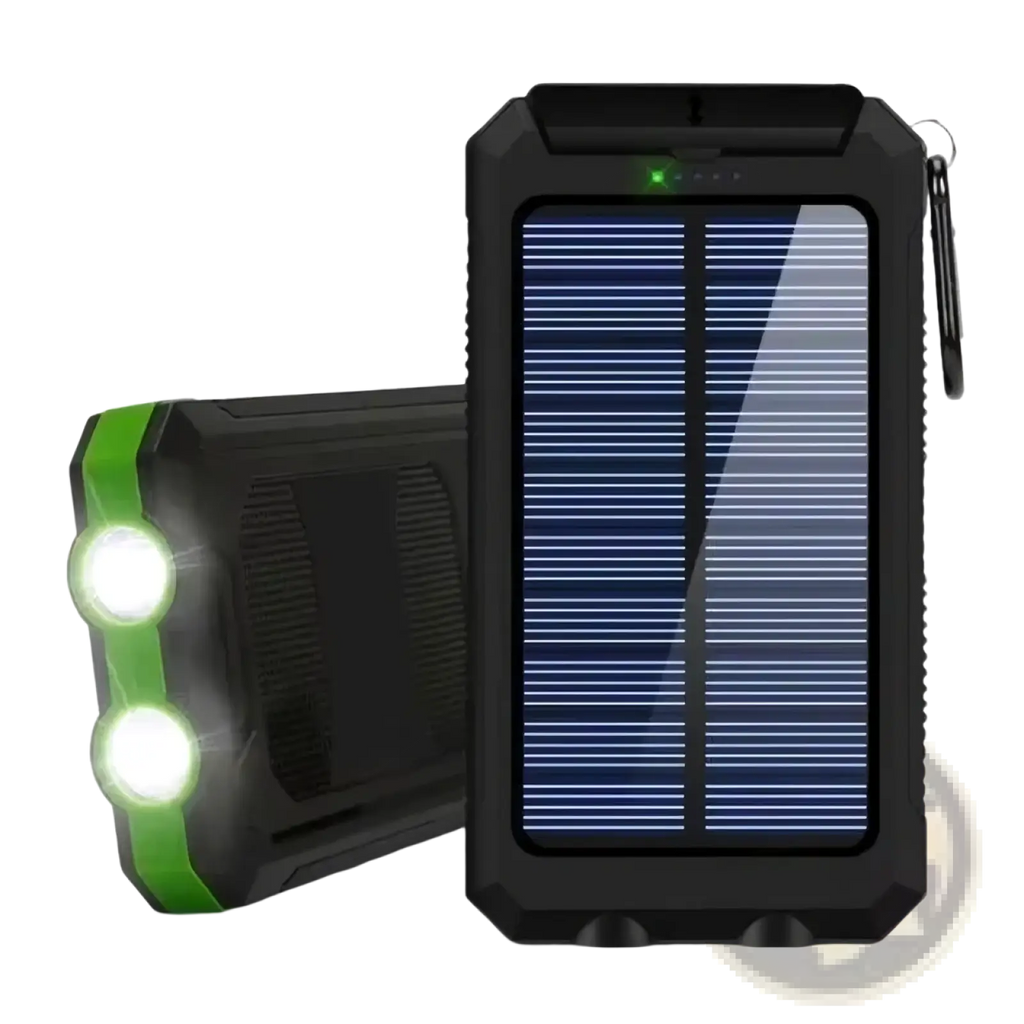 Black rugged solar power bank 80000mah portable charger with green led lights and built-in flashlight