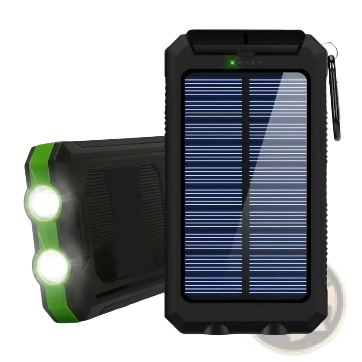 Black rugged solar power bank 80000mah portable charger with green led lights and built-in flashlight