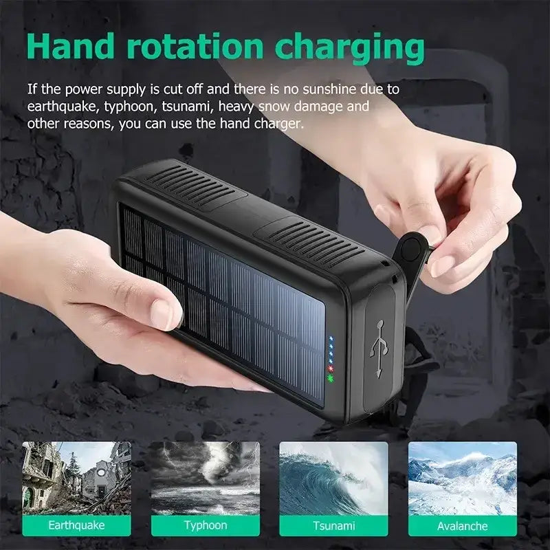Black rectangular solar power bank hand charger with textured grip and integrated usb ports for solar power use