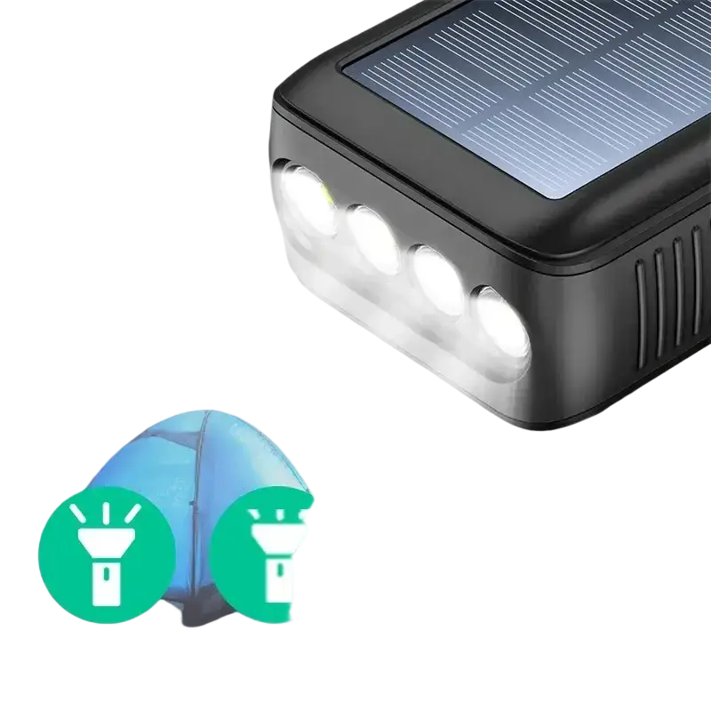 Black rectangular solar power bank led flashlight with four bright white lights and textured grip for outdoor use