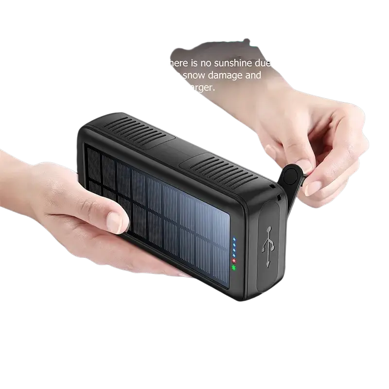 Black rectangular solar power bank with hand crank usb ports and led flashlight for portable solar power use