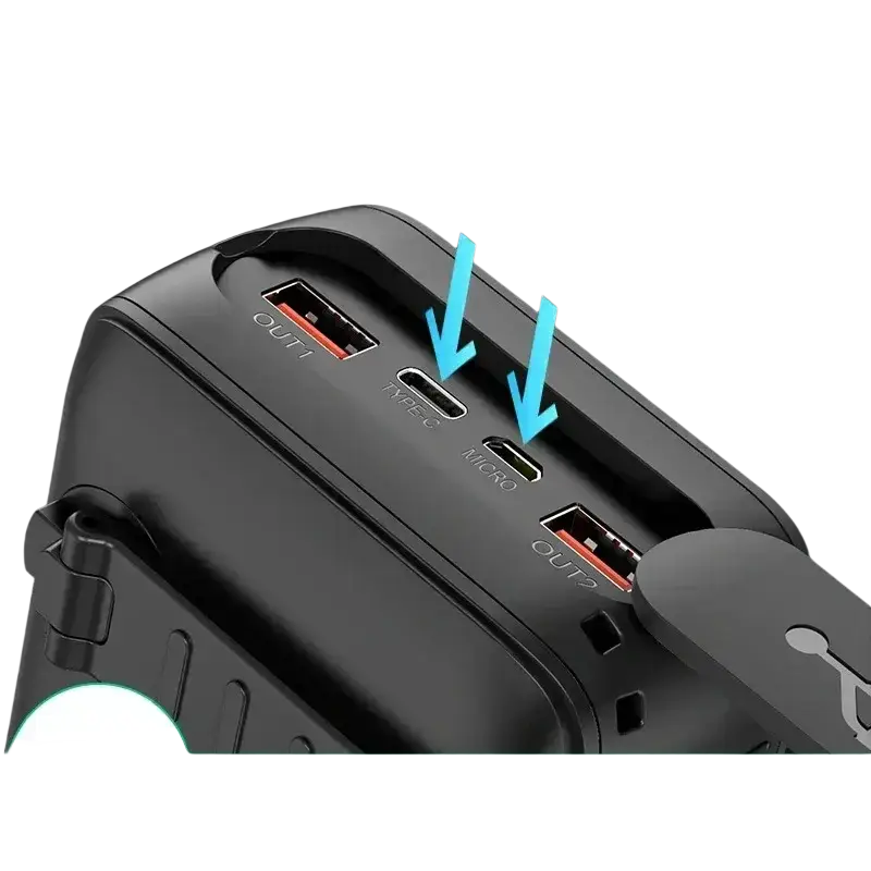 Black solar power bank with hand crank, waterproof design, led flashlight, and multiple usb ports including type-c and micro-usb outputs