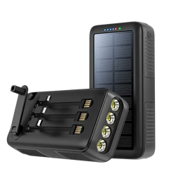 Black solar power bank with built-in led lights and multiple usb ports for portable solar power charging