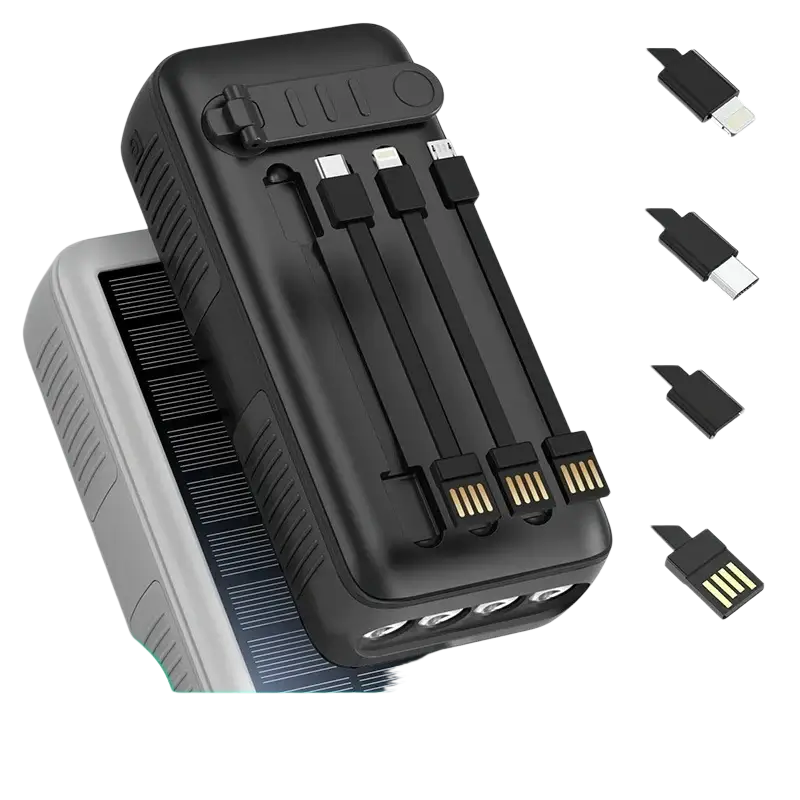 Black solar power bank hand crank waterproof led flashlight with multiple detachable charging cables for iphone micro usb type-c ports