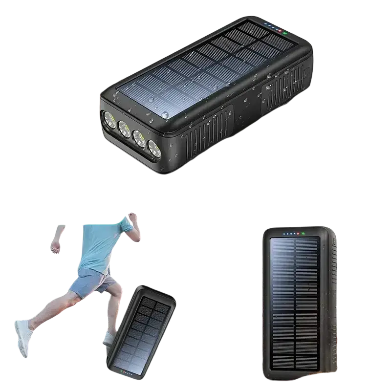 Black rugged solar power bank with three led lights and textured grip for outdoor use solar power bank