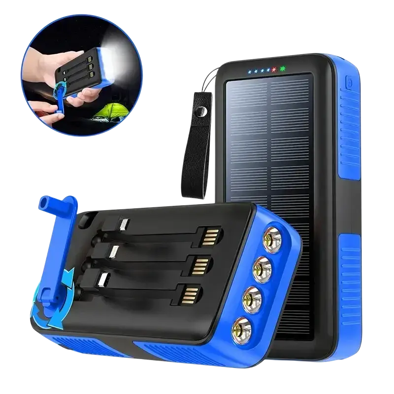 Blue and black solar power bank with built-in led lights and hand crank for charging in outdoor and emergency use