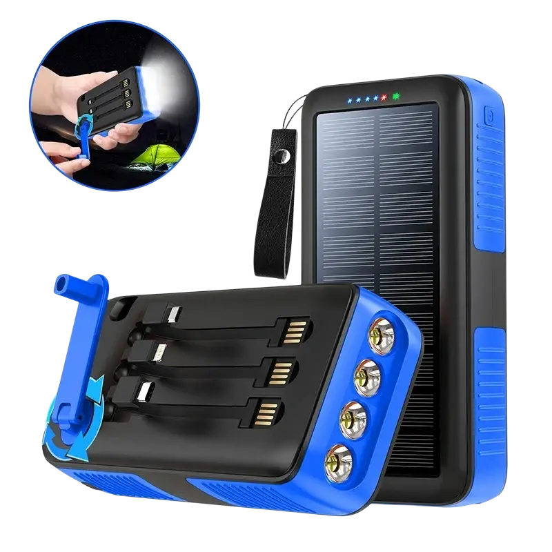 Blue and black solar power bank with built-in led lights and multiple usb ports for portable solar power use