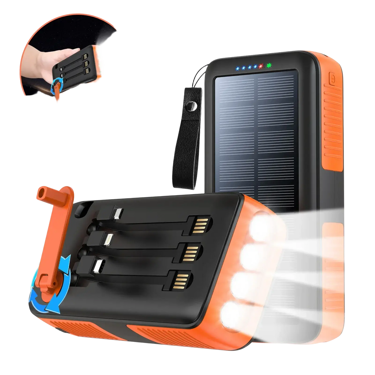Orange and black solar power bank with hand crank generator flashlight and multiple usb ports for portable solar power