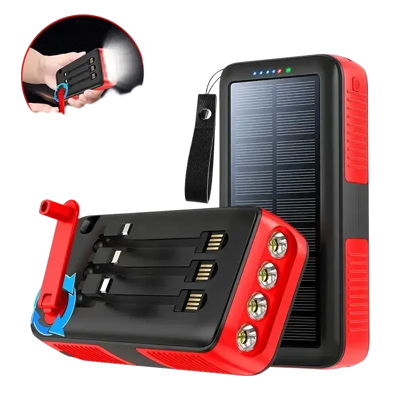 Red and black solar power bank portable charger with led lights and multiple usb ports for efficient solar power use