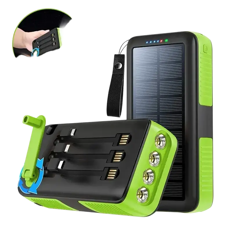 Vibrant lime green and black solar power bank with led lights and multiple usb ports for portable charging and flashlight use