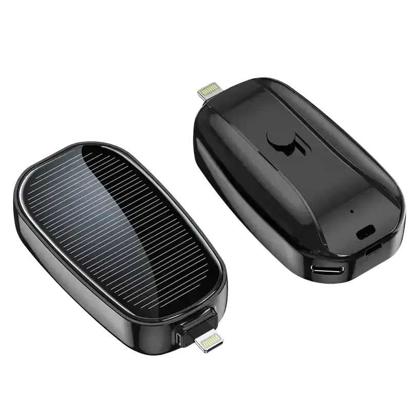 Black solar power bank key ring portable charger with glossy finish and dual lightning ports 1200mah capacity