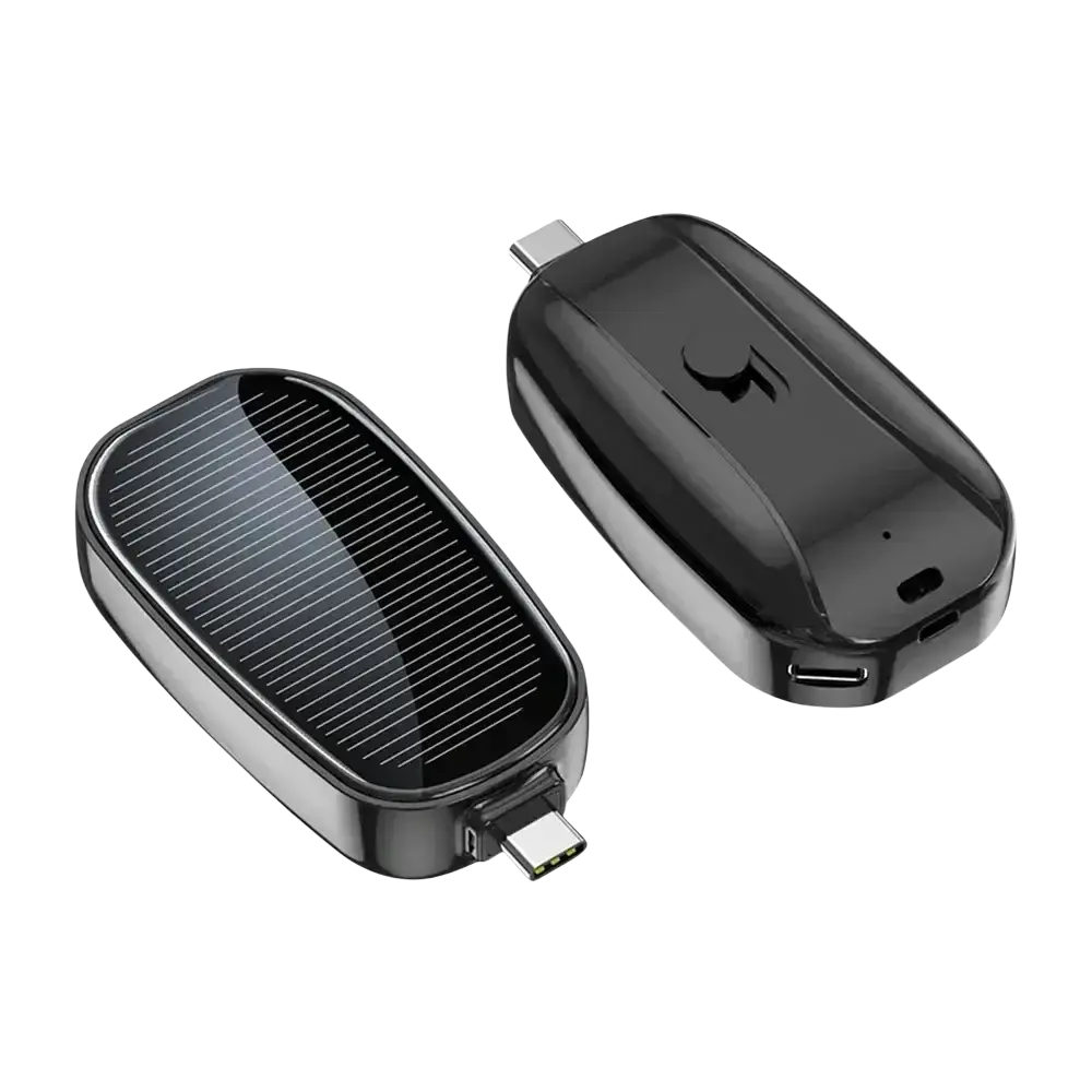 Black solar power bank key ring portable charger with 1200mah capacity and integrated usb-c charging port and glossy finish