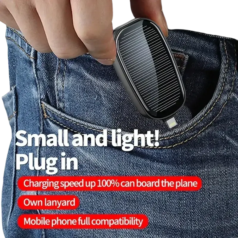 Black rectangular solar power bank key ring portable charger with glossy solar panel and iphone lightning connector
