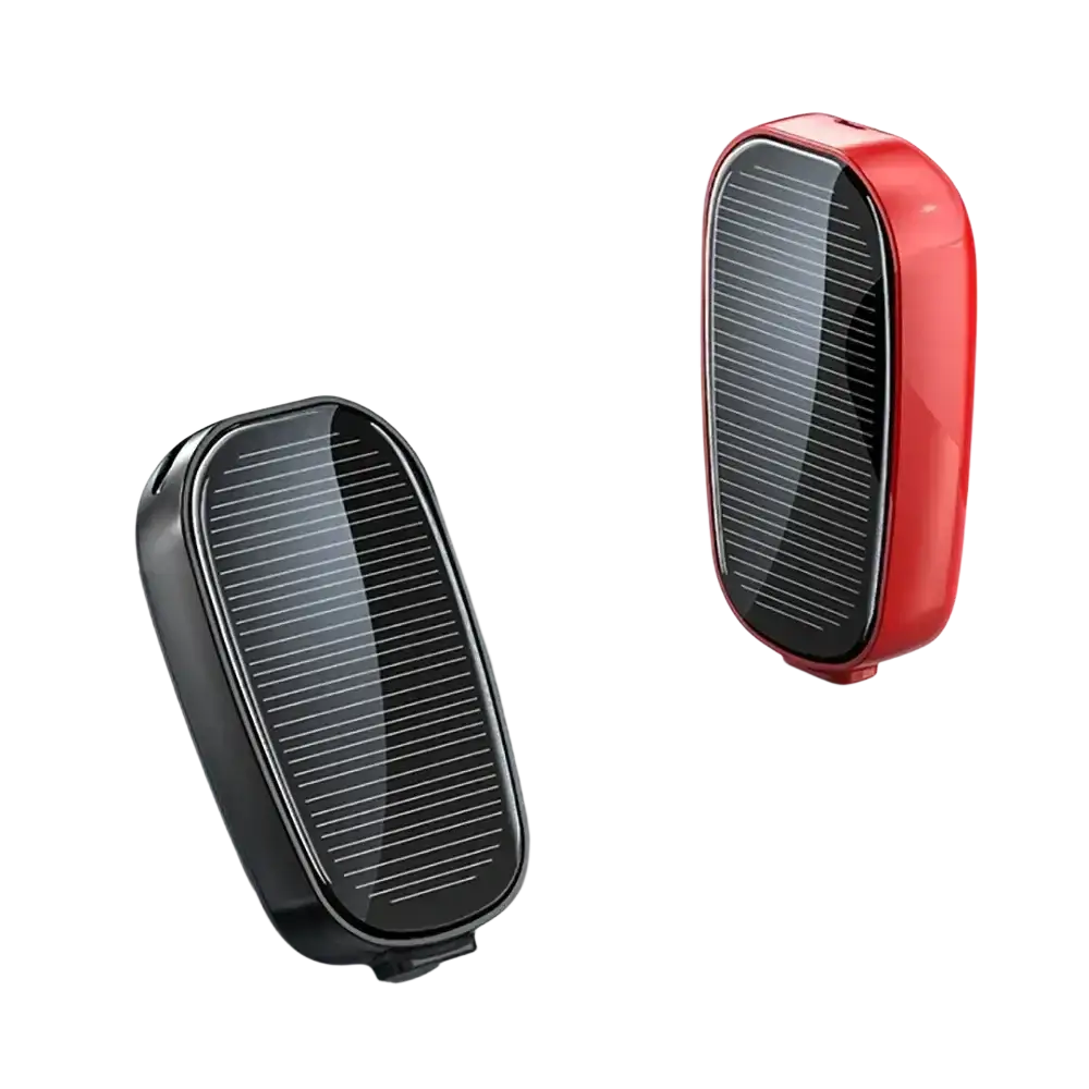 Red and black solar power bank key ring portable charger with sleek oval design 1200mah capacity