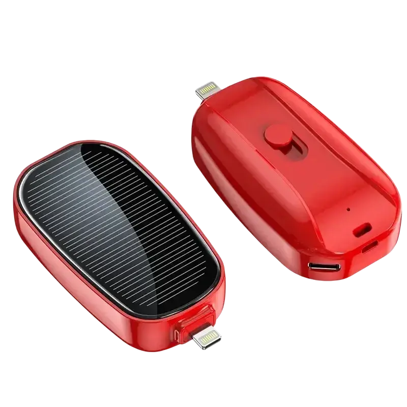 Red solar power bank key ring portable charger with sleek glossy finish and dual lightning ports 1200mah capacity