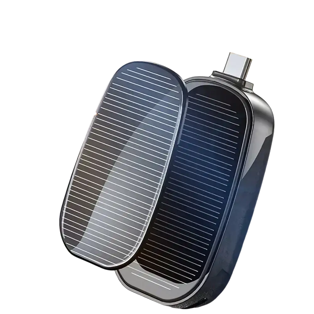 A sleek dark blue solar power bank key ring portable charger with glossy finish and visible photovoltaic cells