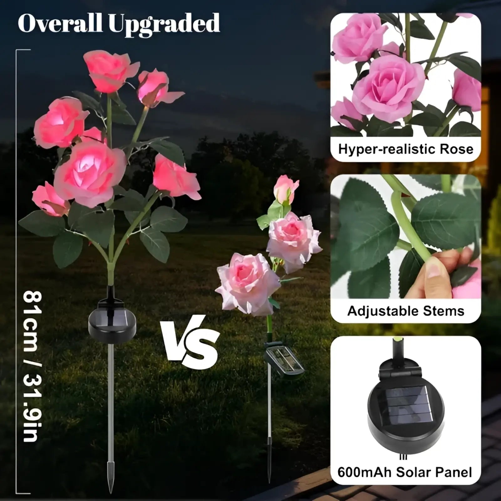 Solar rose lights 2 pack pink color changing garden stakes with adjustable stems and 600mah battery solar powered
