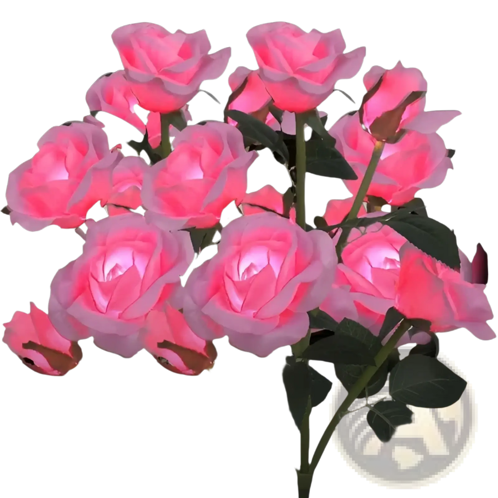 A cluster of pink led solar rose lights with glowing petals and green leaves garden stakes 2 pack