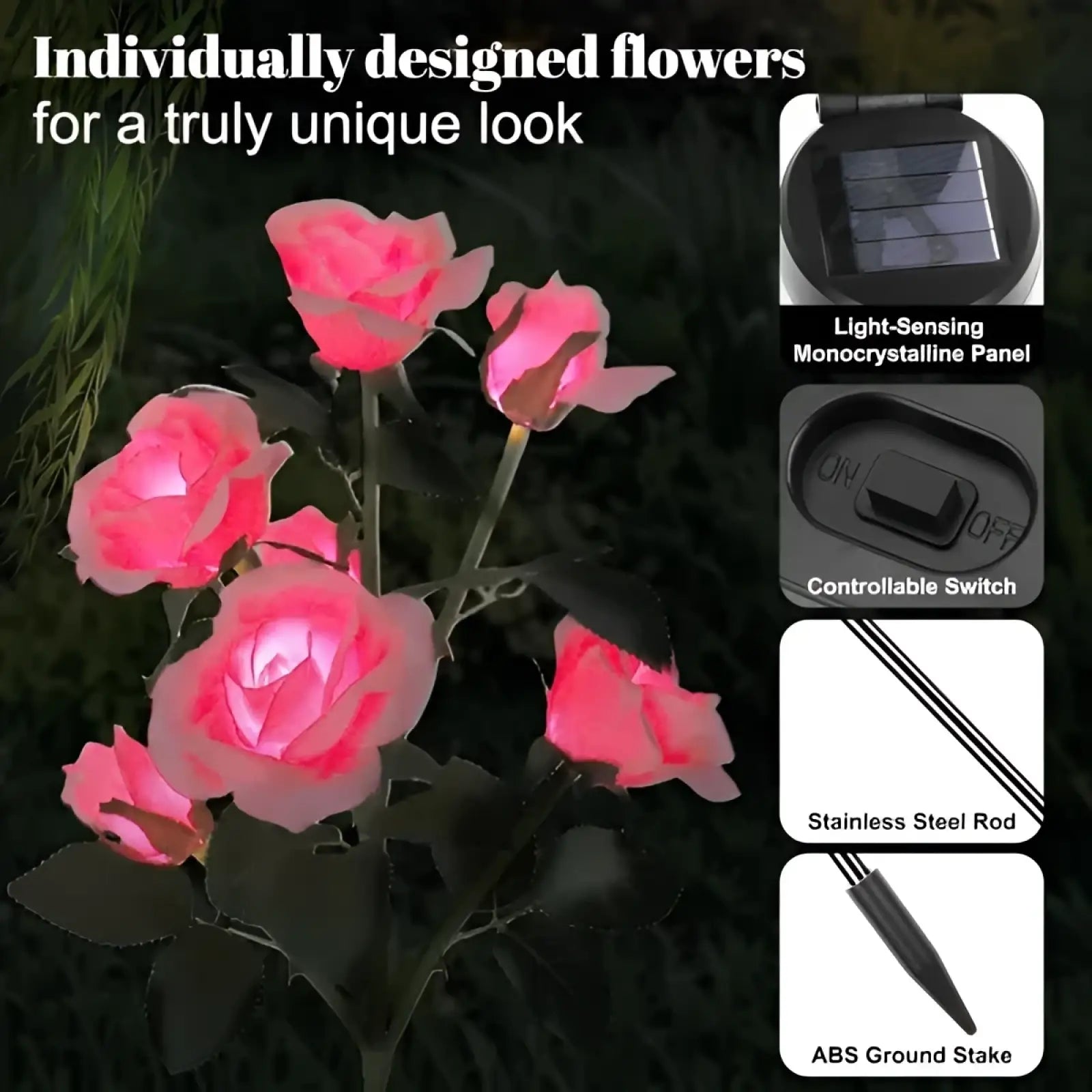 Solar rose lights 2 pack pink color changing garden stakes with pink led rose garden light solar panel and stainless steel rod