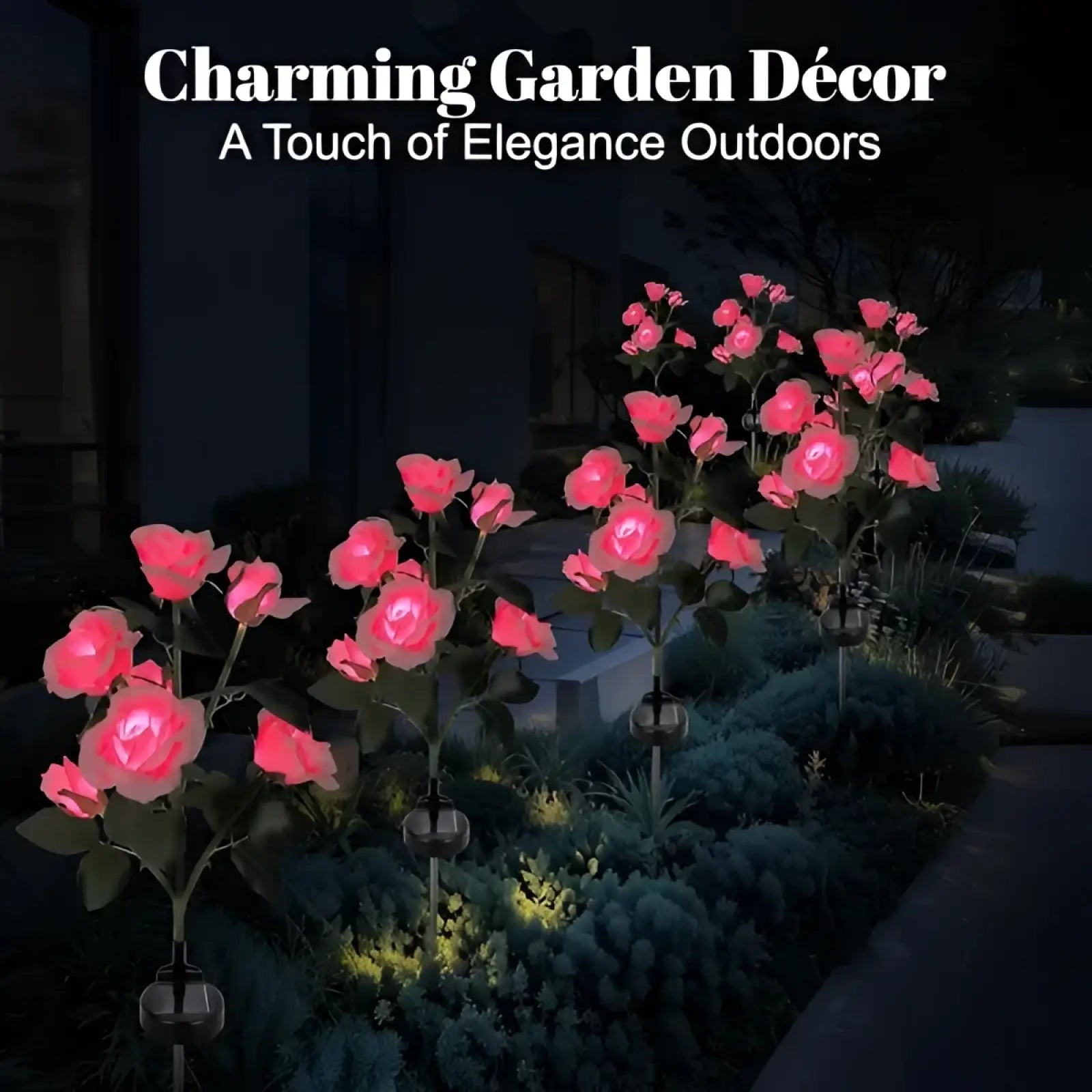 Pink solar-powered rose lights 2 pack with black stems and spherical bases for outdoor garden decoration
