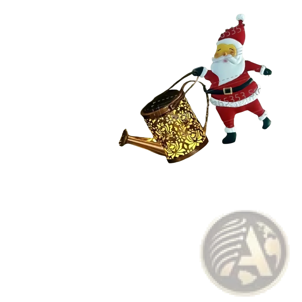 Solar santa kettle garden light depicting a santa figurine holding a copper-toned solar watering can with led lights