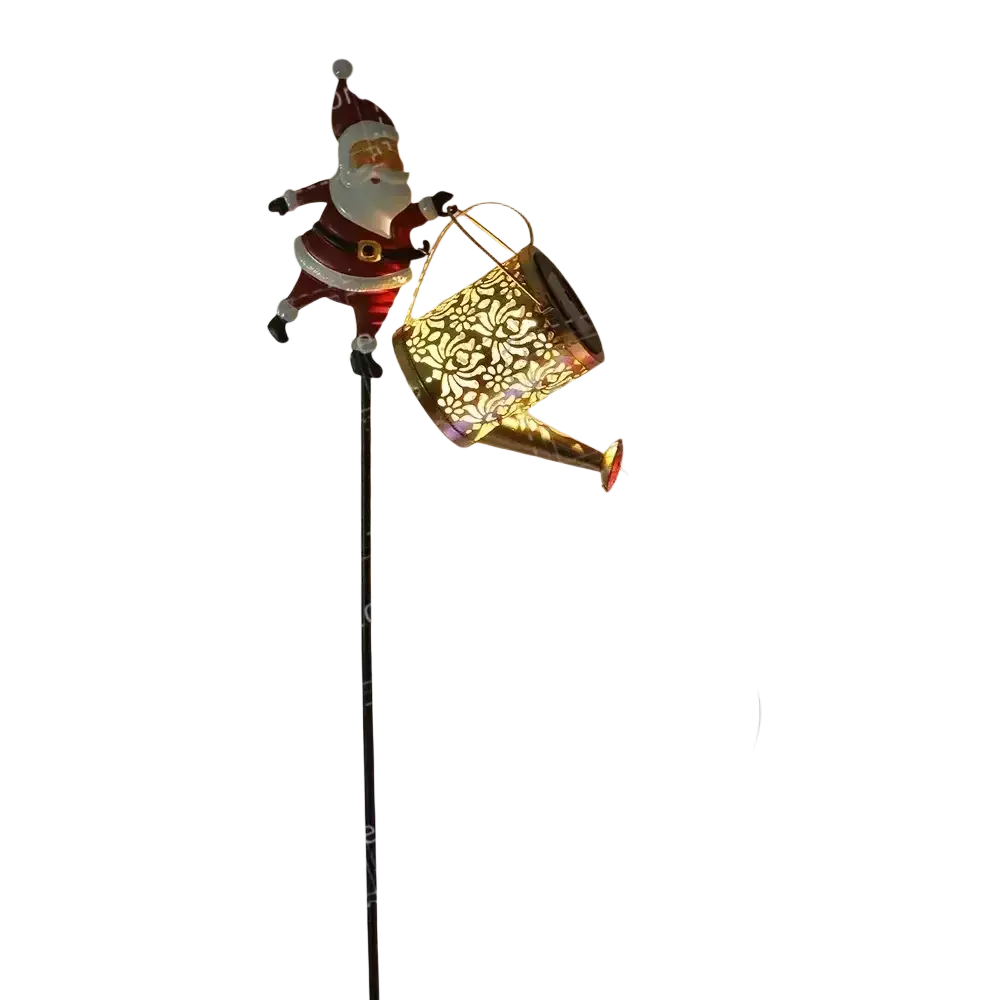 Santa claus figurine holding a golden solar santa kettle watering can on an ornamental santa kettle garden stake light