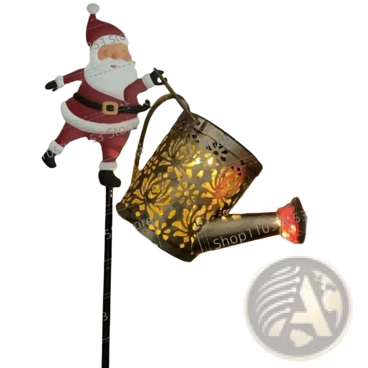 Solar santa kettle garden light featuring metal santa-themed stake with intricate cut-out patterns and warm glowing lights