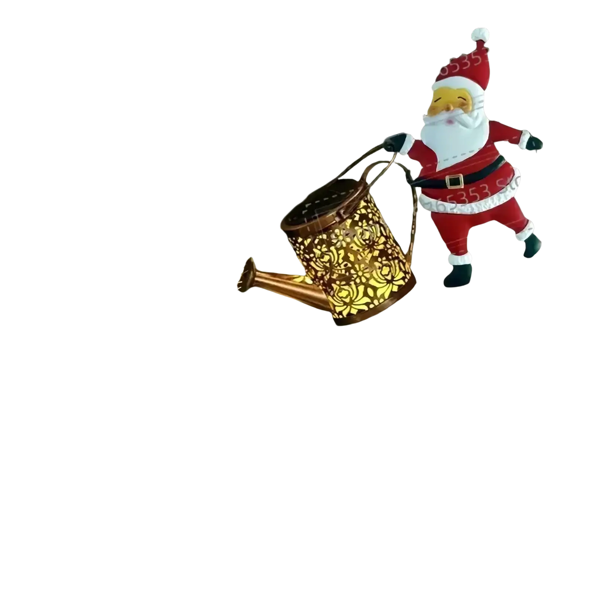 A festive santa claus figurine in red and white holding a golden solar santa kettle for garden light decor