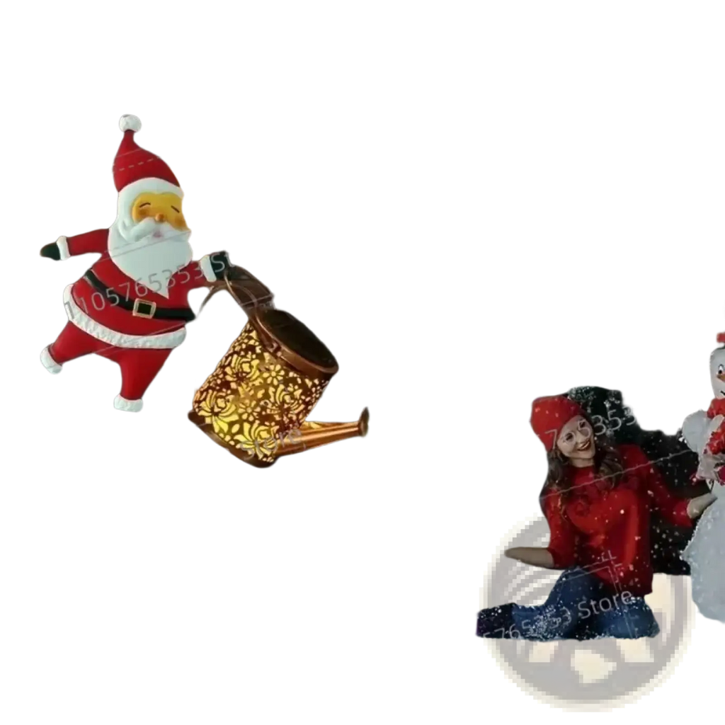 Solar santa kettle garden light inflatable figure in red and white holding a golden watering can with colorful led lights