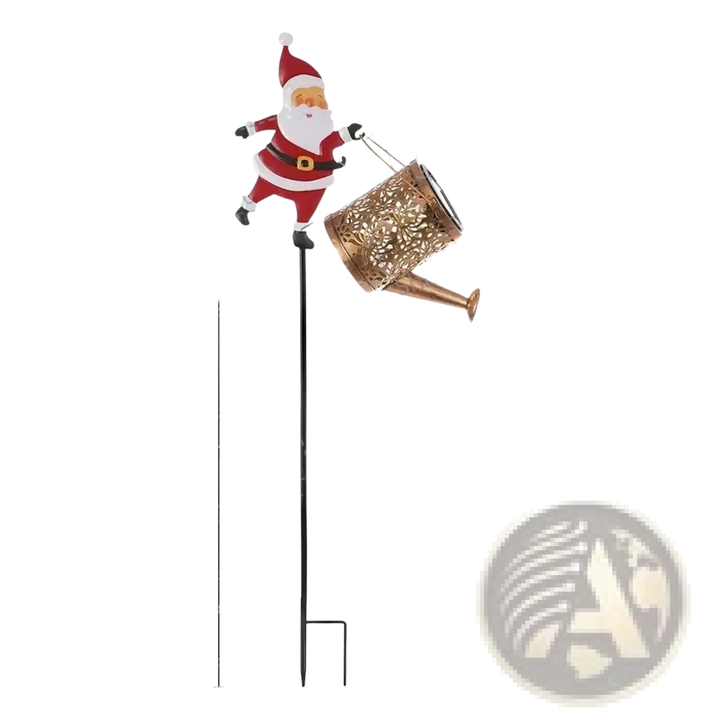 Solar santa kettle garden light featuring red and white santa holding a gold-toned ornate metal watering can on black stake