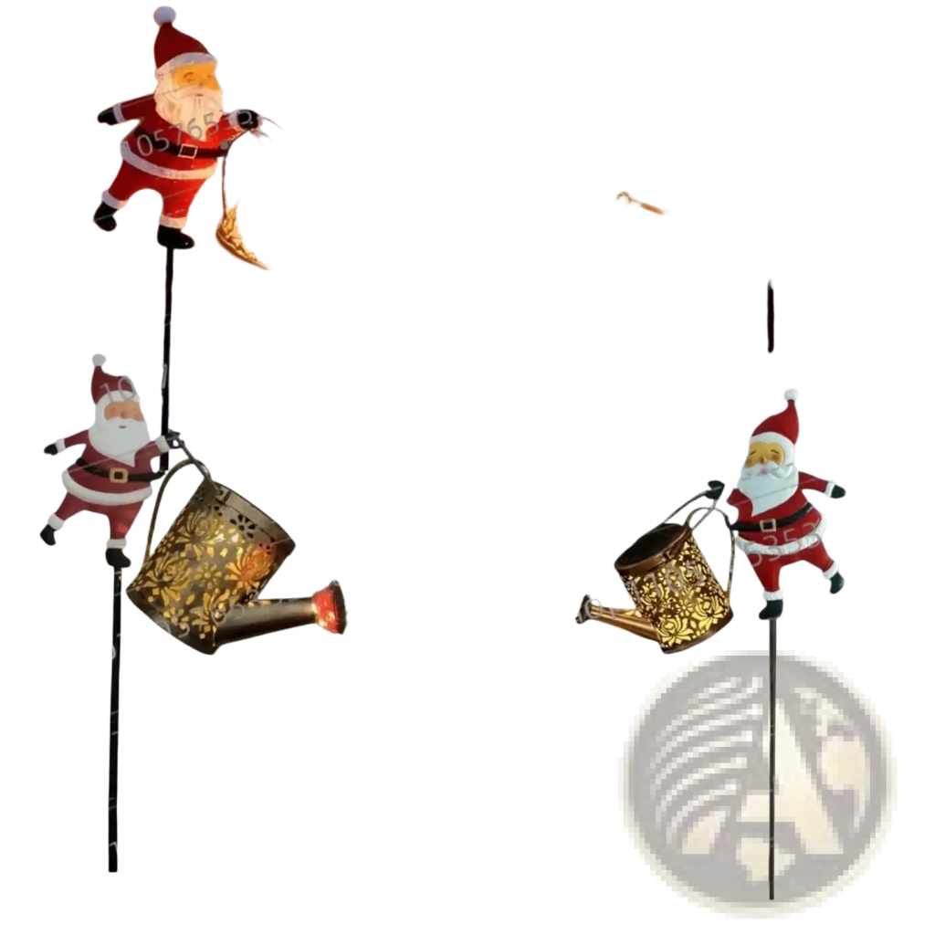 Christmas-themed solar santa kettle garden light with red and white santa holding gold metal watering can with led lights