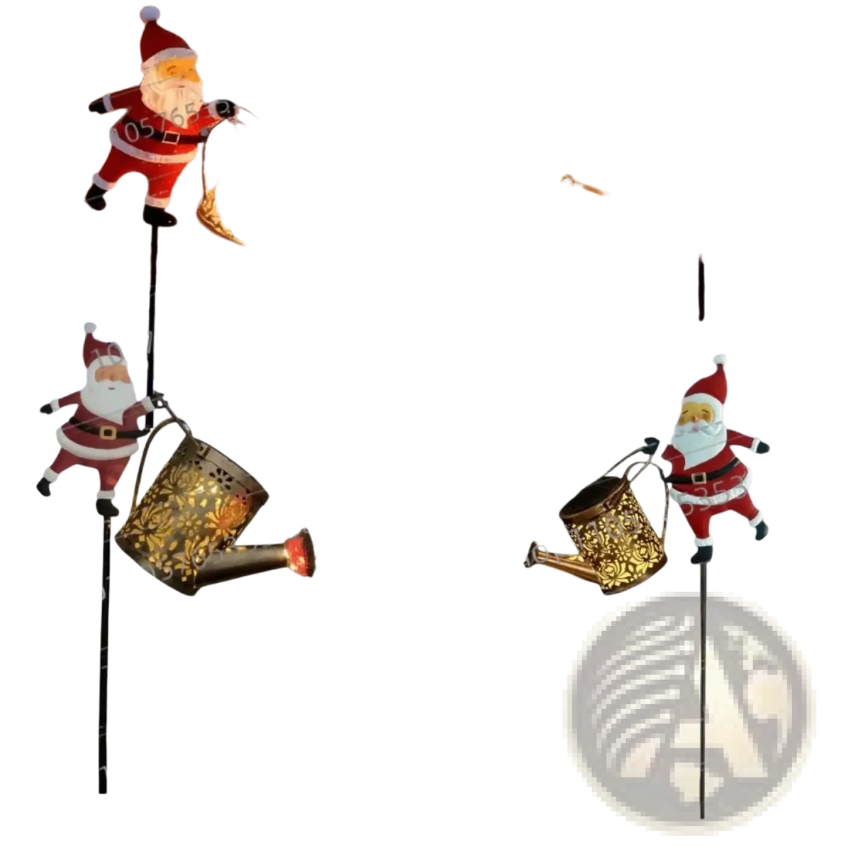 Christmas-themed solar santa kettle garden light with red and white santa holding gold metal watering can with led lights