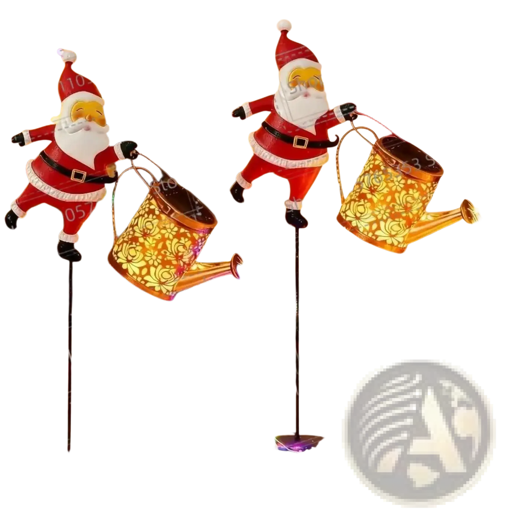 Two illuminated santa claus figurines holding golden metal watering cans with intricate cut-out patterns and led lights for outdoor garden decor