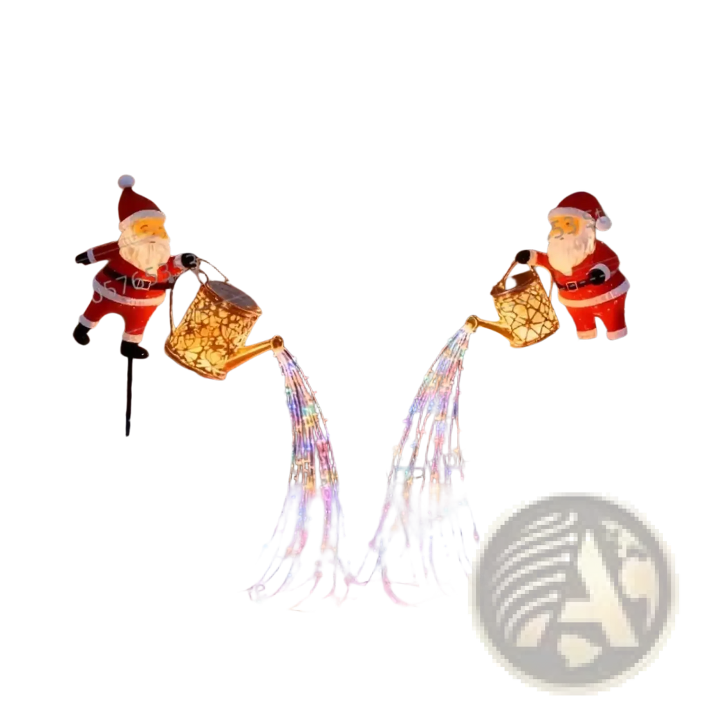 Two illuminated santa claus figures holding golden watering cans spraying colorful led lights for outdoor christmas decor