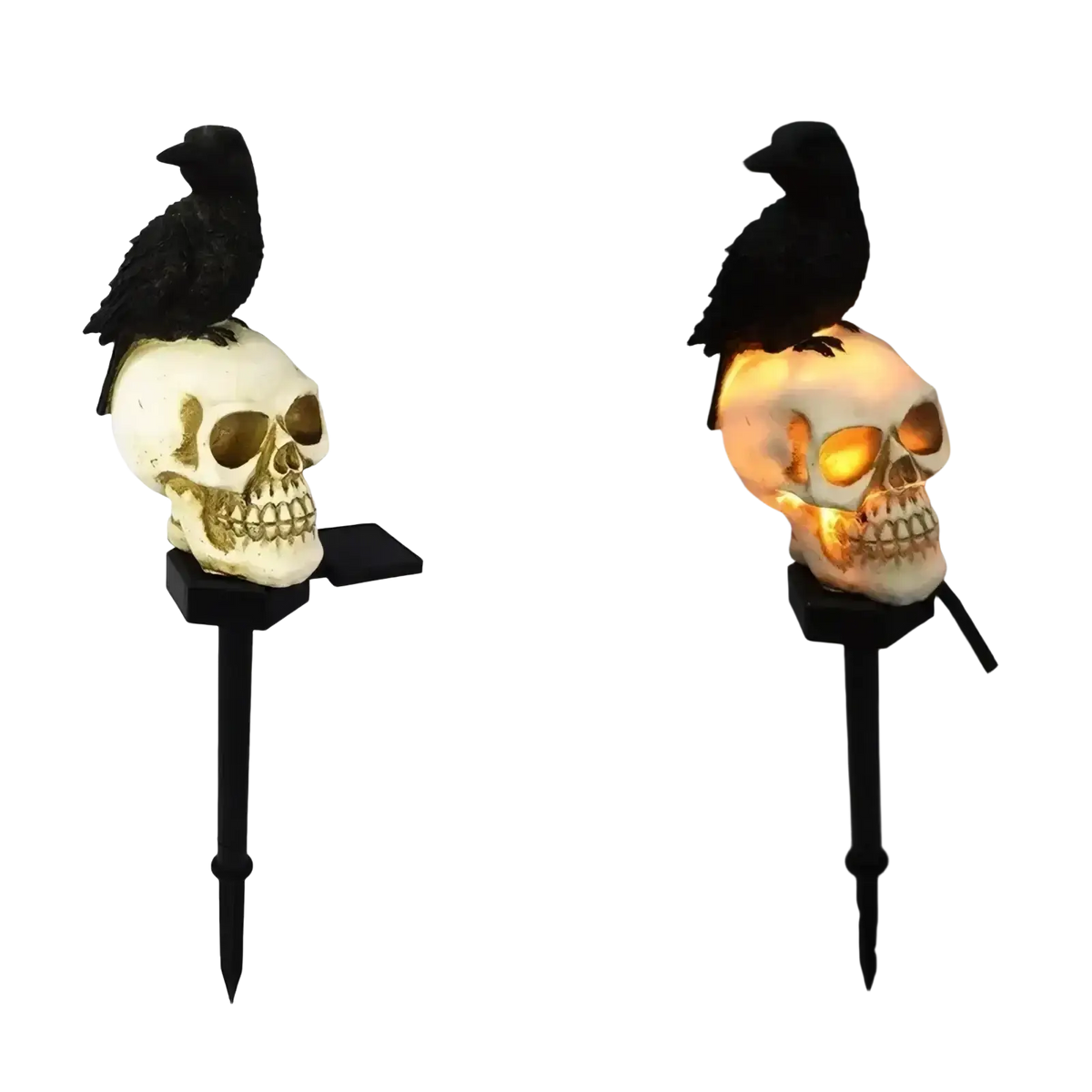Black crow perched on white solar skull with glowing orange eyes mounted on black stake for garden light use