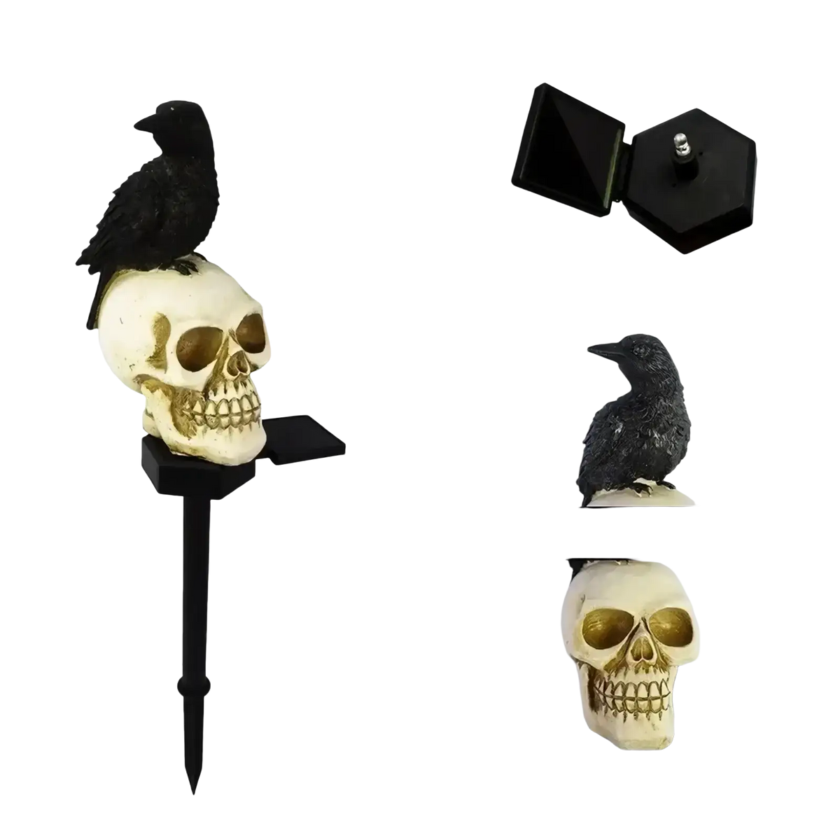Black crow perched on cream solar skull with gold eyes and teeth mounted on black stake garden light for outdoor use