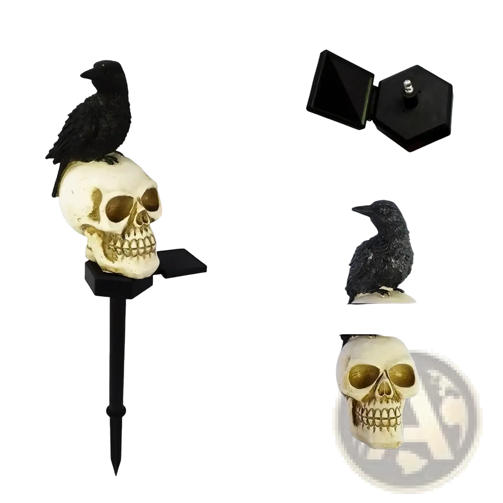 Solar skull and crow garden light with black crow on cream skull gold eye sockets mounted on black plastic stake