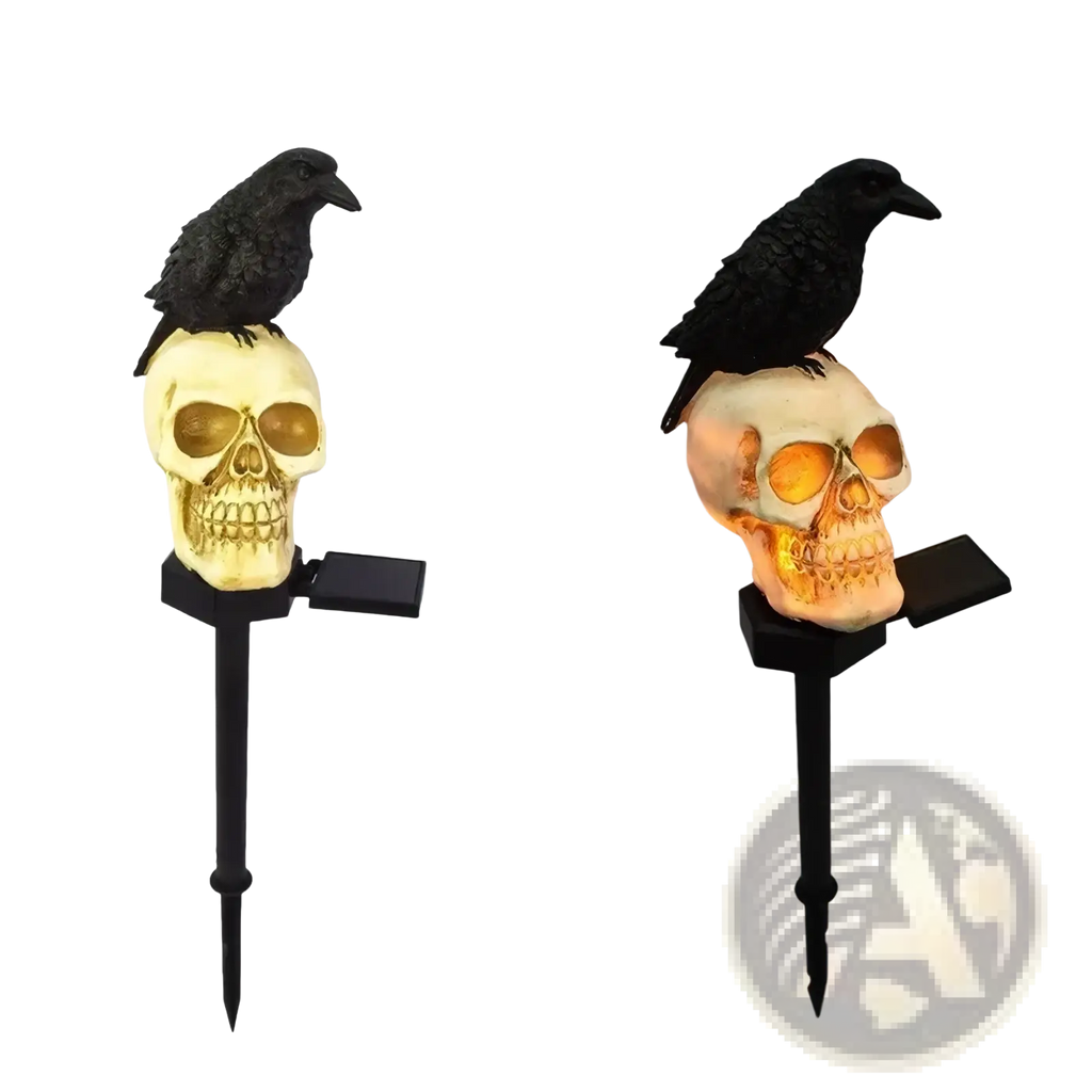 Black crow perched on cream-colored skull with glowing orange eyes and teeth solar skull and crow garden light