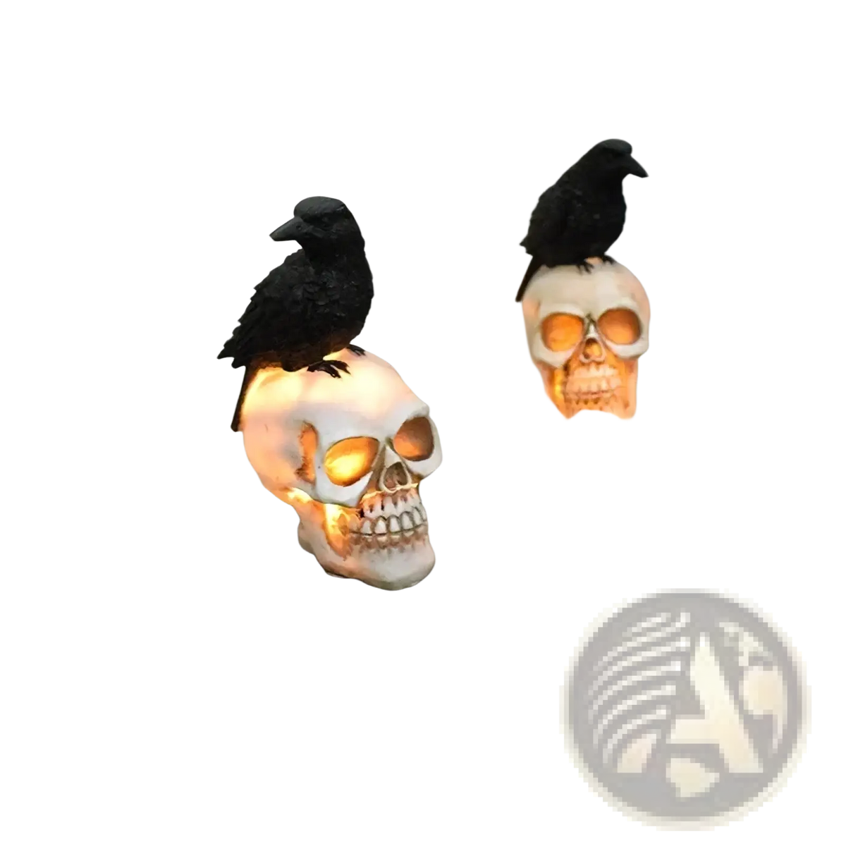 Solar skull and crow garden light featuring white skulls with black crows, warm orange solar illumination, and solar panels