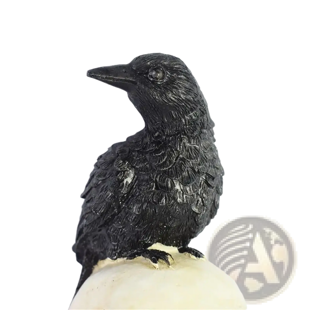 Black crow figurine with detailed feather texture sitting atop a cream-colored base for solar skull crow garden stake halloween light