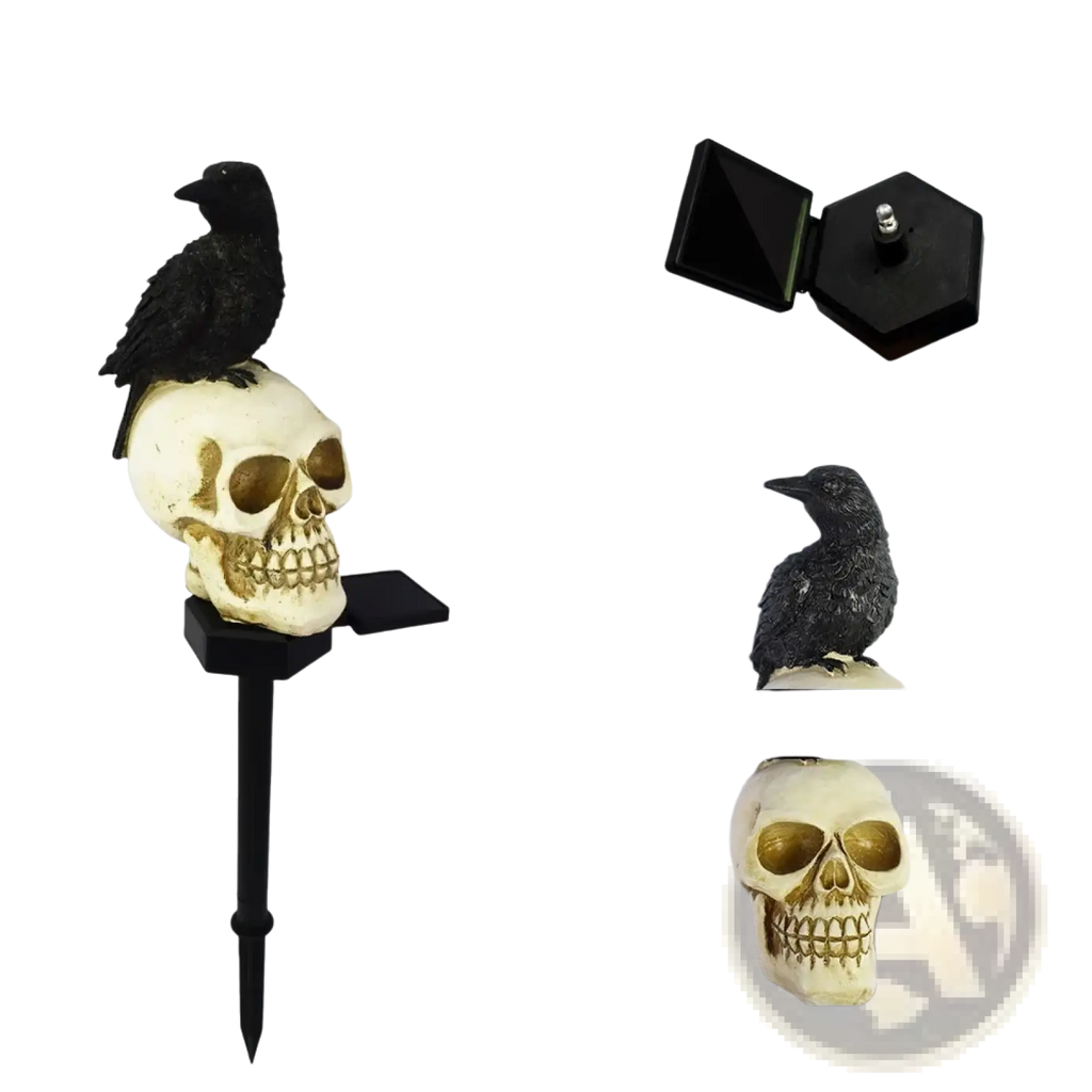 Black crow perched on cream skull with gold details mounted on black solar-powered stake for halloween garden light
