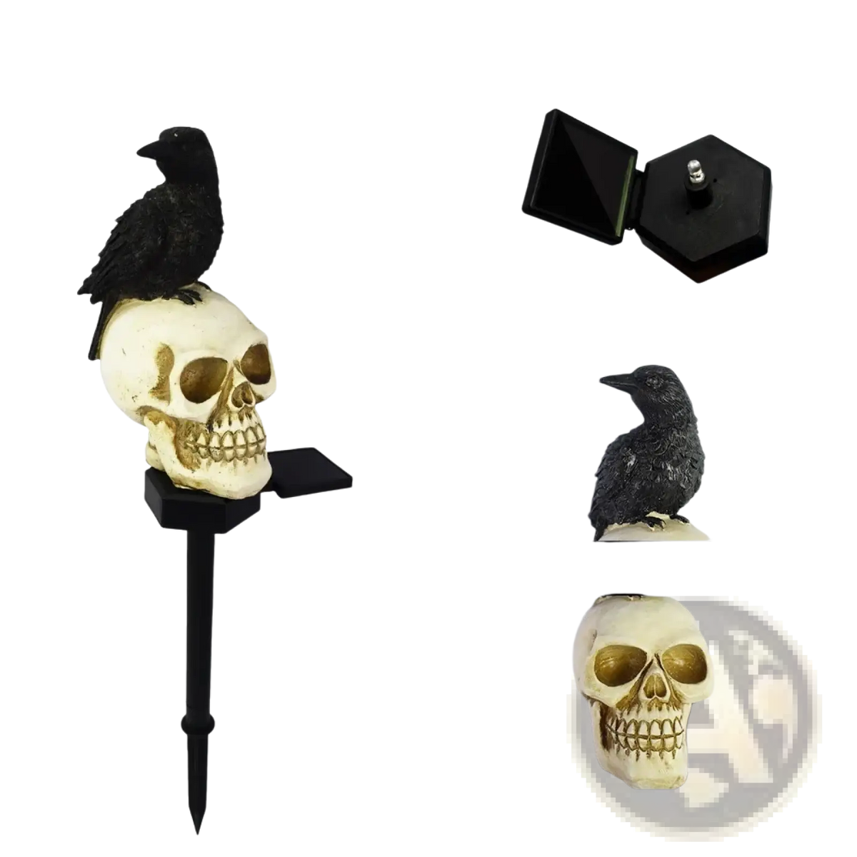 Black crow perched on cream skull with gold details mounted on black solar-powered stake for halloween garden light