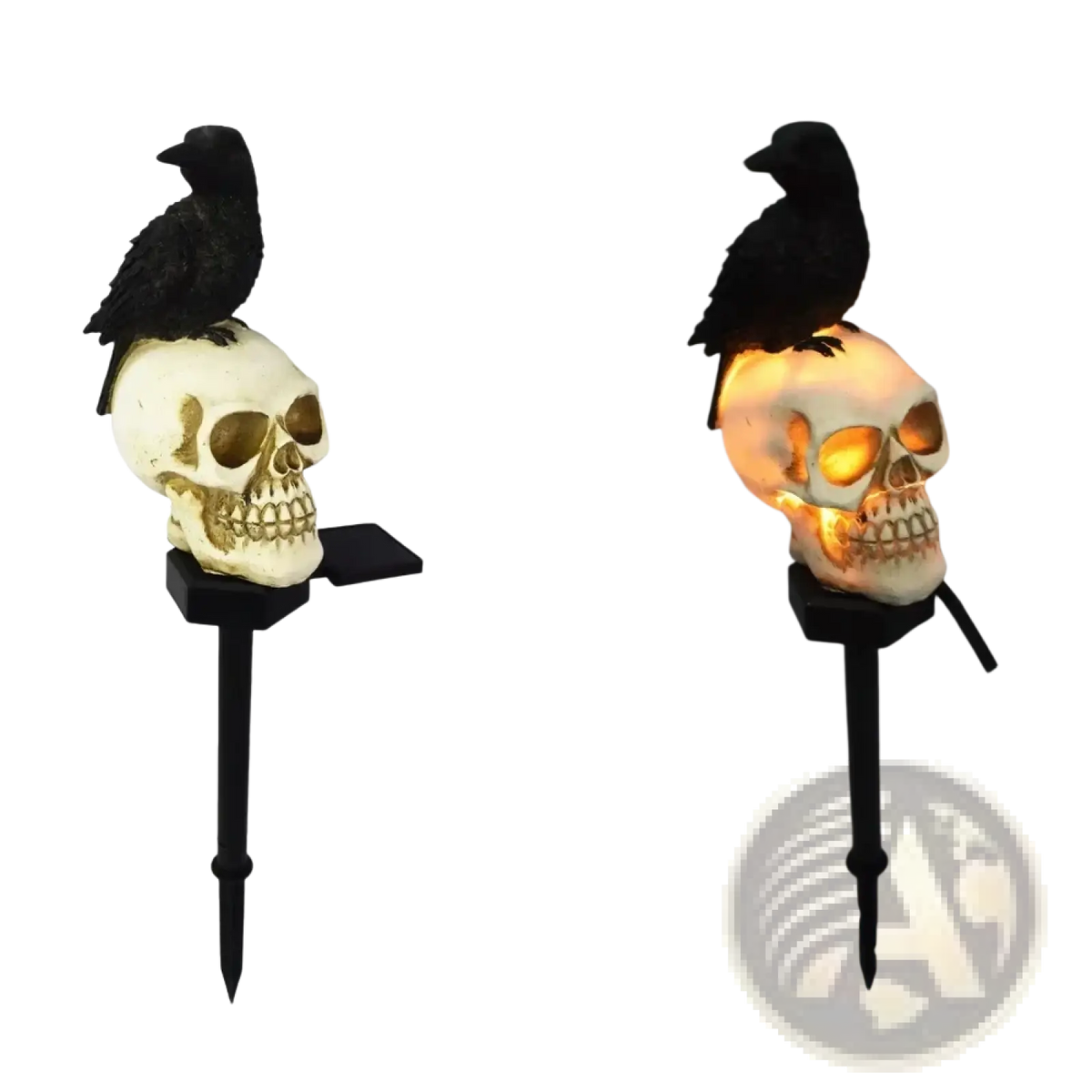 Solar skull crow garden stake halloween light features a black crow on a white skull with gold accents and orange glow